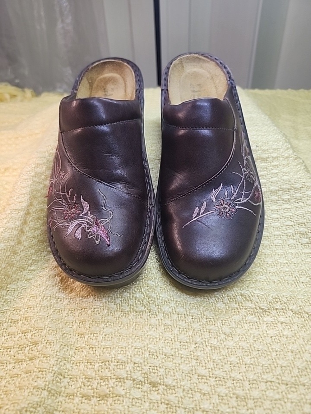 Naot Black Leather Embroidered Clog Mules